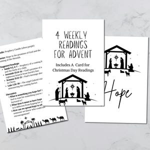 Könnte beinhalten: Drei weiße Karten mit schwarzem Text und Illustrationen. Eine Karte lautet "4 Wochenlesungen für Advent" und enthält eine Karte für Weihnachtslesungen. Eine andere Karte sagt "Hoffnung" in Kursivschrift.