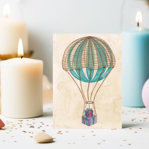 Cartão de aniversário para ela, cartão de aniversário para esposa, balão de ar quente de aniversário, cartão de felicitações de aniversário, cartão de aniversário para impressão