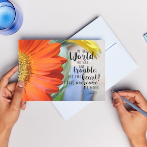 Cartões de felicitações com versículos bíblicos para impressão, cartões de felicitações cristãos, coragem, eu venci o mundo, cartão de nota, João 16:33