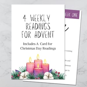 May include: A white card with the text "4 WEEKLY READINGS FOR ADVENT" and "Includes A Card for Christmas Day Readings." The card features watercolor candles and greenery. A second card is partially visible.