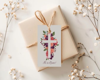 He is Risen Easter Gift Tag, aster Gift Tag Digital Download, Floral Easter Tags, Flowers and Cross Easter Basket Gift Tag,