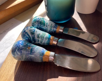 Cheese, butter, spread, dip Knife Hand painted. Charcuterie accessory set. Fluid art, pour painted. Sold by the Each.
