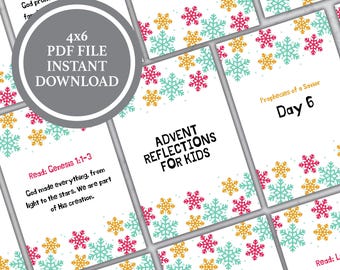 May include: Advent Reflections for Kids cards with snowflake borders in teal, pink, and gold. The cards feature text like "Day 6" and Bible verses. A circular graphic reads "4x6 PDF FILE INSTANT DOWNLOAD".