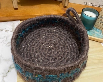 Round Handmade Coil Hand-wrapped Basket with Loop Handle, Azul, Teal, and Brown, Acrylic yarn