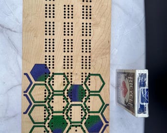 Maple Cribbage Board – Blue & Green Hexagon Resin Inlay | 3 Track with Pegs with Cards, Wood Cribbage Board