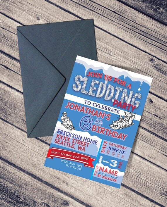 Winter Birthday Invitation, Boys Birthday Party Invite, Printable Birthday Invitations, Sledding Birthday Party Invitation