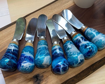 Cheese, butter, spread, dip Knife Hand painted. Charcuterie accessory set. Fluid art, pour painted. Sold by the Each.