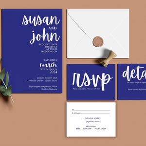 Royal Blue Wedding Invitation, Blue Wedding Invitation Template, Canva Wedding Invitation Template, Wedding Details Card Template