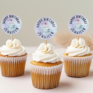 Birthday Cupcake Topper Printable, Blue Cupcake Topper Template, Personalized Cupcake Toppers, Birthday Cake Decoration