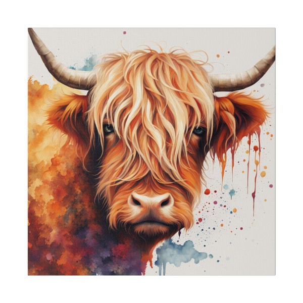 Highland Cow Watercolour Canvas Print | Sustainable Radial Pine Frame | Vibrant Eco-Friendly Wall Art