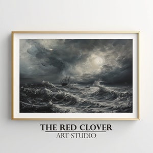 A Dark And Stormy Sea | Seaside Painting | Fantasy Ship Poster | Dark Nautical Art Print | Moody Printable Wall Art | Digital Download N138