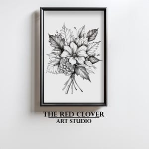 Seasonal Wildflowers Bouquet Art Print Leaf Line Art Flowers Sketch Floral Illustration Black and White Botanical Art Digital Download N248