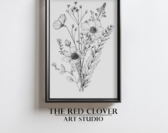 Impresión artística de un precioso ramo de flores silvestres, arte lineal, flores, ilustración floral, boceto de flores, arte botánico en blanco y negro, descarga digital N211