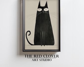 Impression d'art lunatique chat noir, rétro Mid-Century moderne (téléchargement numérique)