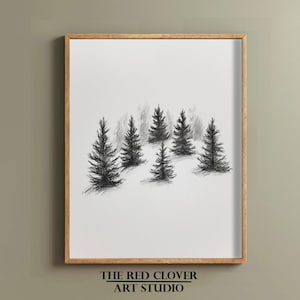 Neutral Winter Wall Art Minimalist Evergreen Tree Print Christmas Sketch Decor Printable Holiday Art Black and Beige Xmas Decorations N278
