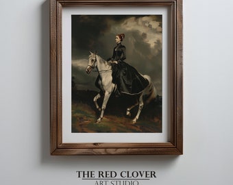 Equestrian Art Print, Woman on White Horse, Moody Dark Decor (Digital Download)