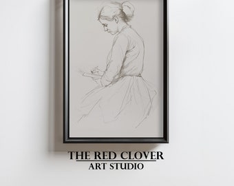 Vintage Woman Reading Sketch Print, Bookish Line Art (Digital Download)