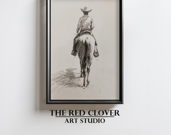 Cowboy Sketch Print, Neutral Equestrian Art (Digital Download)
