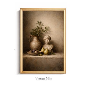 May include: A framed vintage still life print featuring a bust, a vase with greenery, and a bowl of fruit. The color palette is muted with warm tones of brown, beige, and gold. The text "Vintage Mist" is at the bottom.