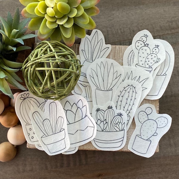 Succulent & Cactus Stick and Stitch embroidery pattern | 16 designs | peel and stick embroidery paper | pattern transfer patch