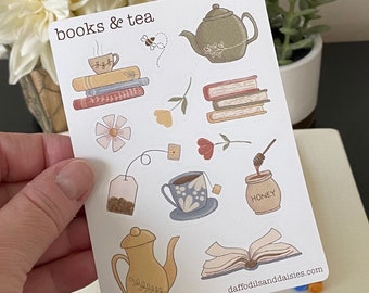 Books & Tea sticker sheet | vinyl stickers | 12 stickers | for planners, notebooks, scrapbooking, journaling, calendar | glossy or matte