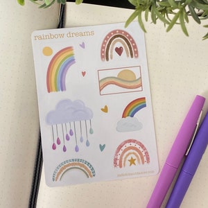 Rainbow Dreams sticker sheet vinyl sticker sheet 7 stickers for planners, notebooks, scrapbooking, journaling, calendar glossy/matte image 1