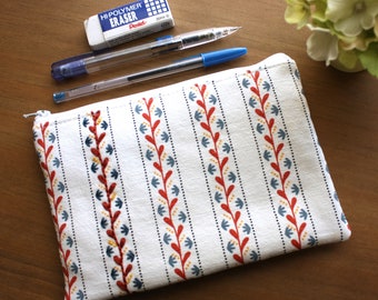 Zipper Pouch - Pencil Pouch - embroidered - red, blue, yellow - striped vines