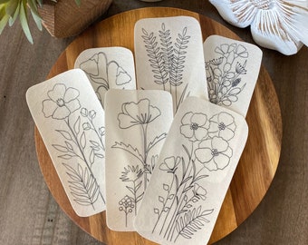 Tall & Skinny Flowers Stick and Stitch embroidery pattern | 6 designs | peel and stick embroidery paper | pattern transfer patch