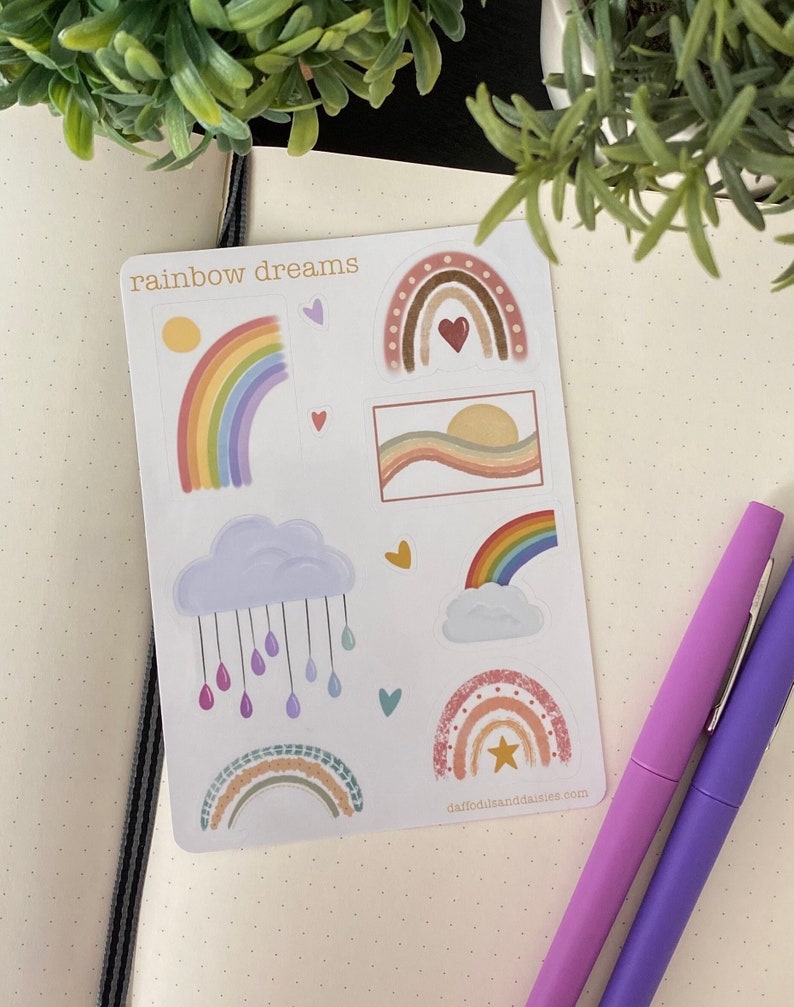 Rainbow Dreams sticker sheet vinyl sticker sheet 7 stickers for planners, notebooks, scrapbooking, journaling, calendar glossy/matte image 1