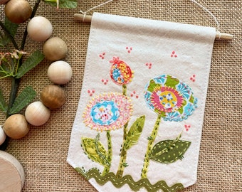 Scrappy Garden  Banner - hand embroidered applique - wall hanging on a wood dowel