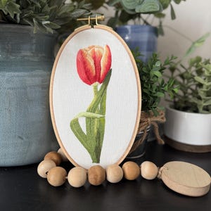 Tulip embroidered art | thread painting | finished hoop | wall hanging | embroidery | handmade textile art