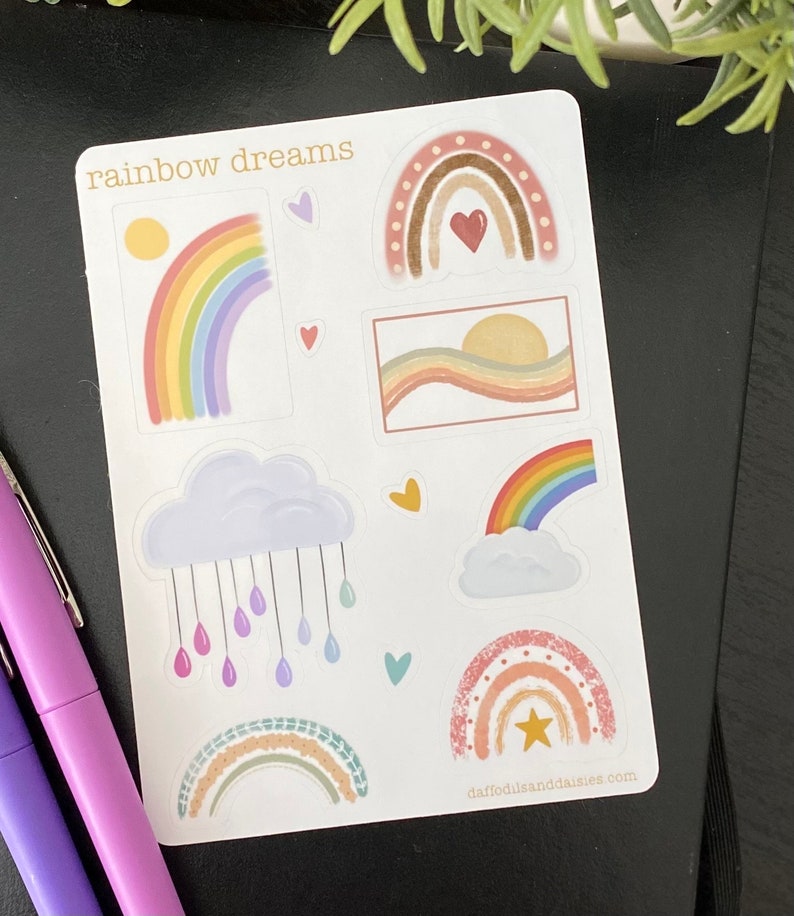 Rainbow Dreams sticker sheet vinyl sticker sheet 7 stickers for planners, notebooks, scrapbooking, journaling, calendar glossy/matte image 2