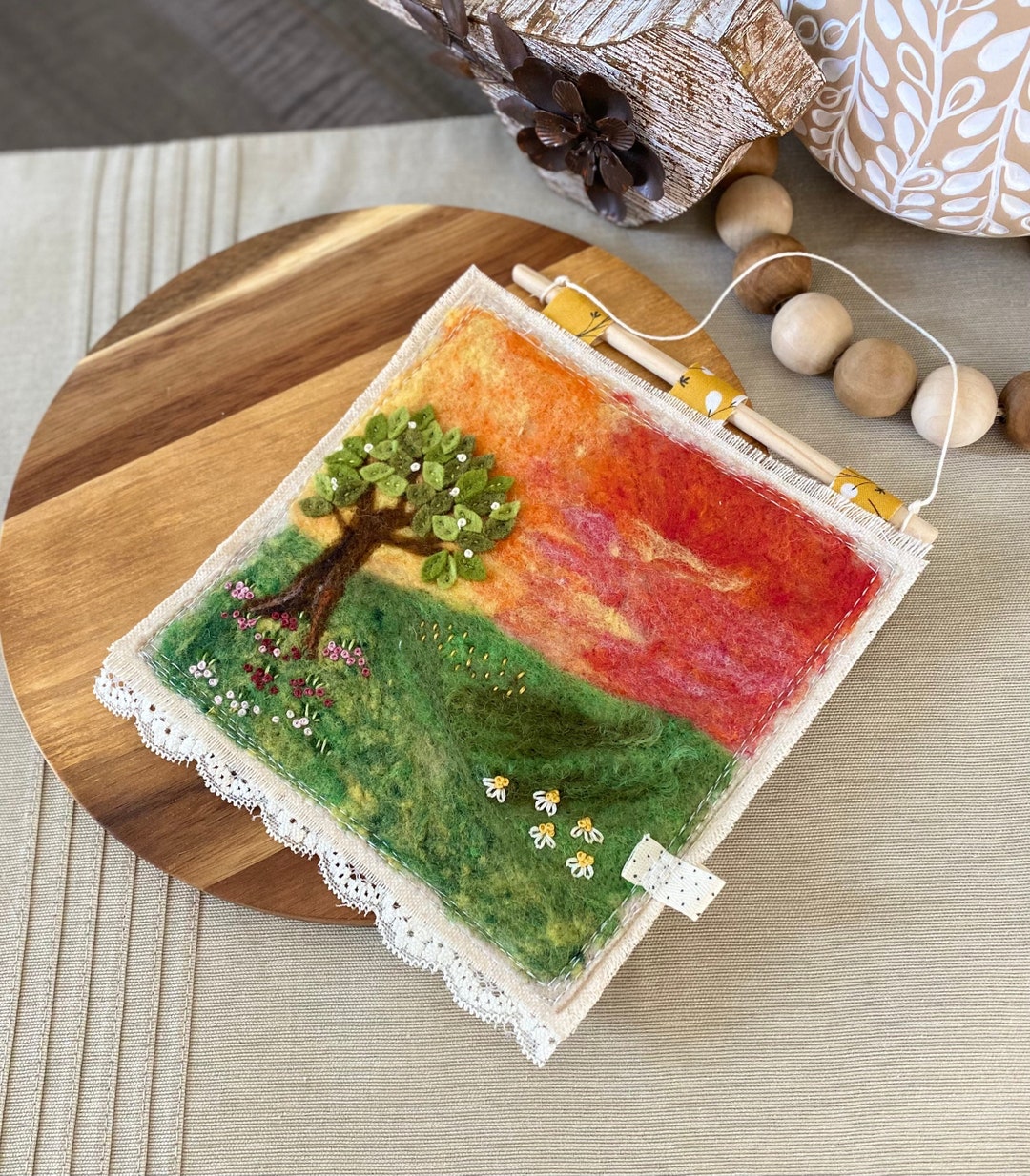 Felted Wallhanging Sunset Hand Embroidered Applique Wall Hanging on a Wood Dowel Etsy