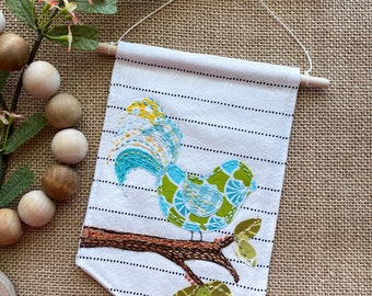 Scrappy Bird  Banner - hand embroidered applique - wall hanging on a wood dowel