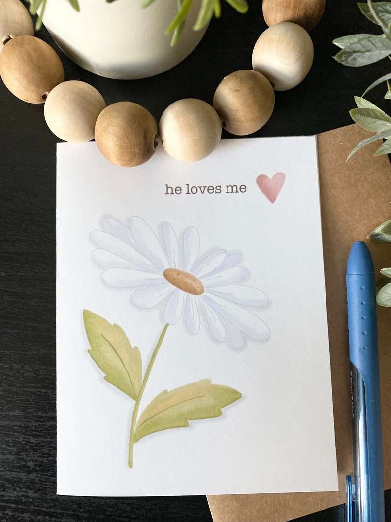 He Loves Me card daisy blank inside greeting card hand-drawn watercolor love valentines anniversary any time A2 size image 3