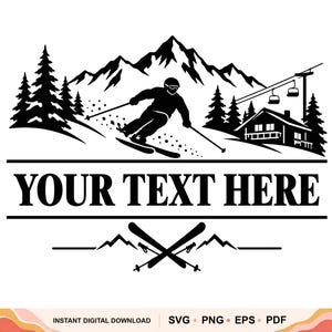 Może przedstawiać: Czarno-biały projekt graficzny przedstawiający narciarza na górskim stoku, sosny, wyciąg narciarski i domek. Tekst YOUR TEXT HERE jest wyśrodkowany między poziomymi liniami, ze skrzyżowanymi nartami i kijkami na dole.