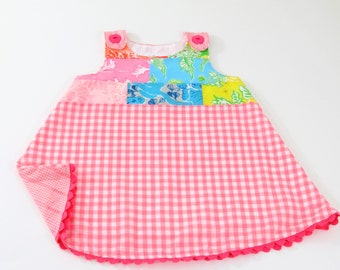 Girls Dress 12M Baby Dress, Handmade Retro Neon Patchwork Pinafore Boutique Boho Swing Jumper Sundress Frock Birthday Gift Tea Party