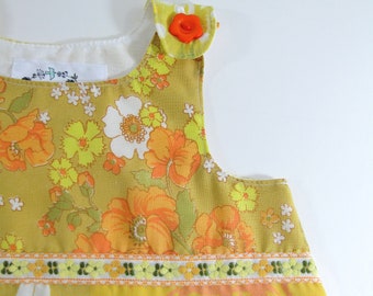 Toddler Girls Dress 3T, Mustard Patchwork Floral Pinafore Frock, Boho Outfit, Gifts for Girls, Eclectic Hippie Jumper Dress