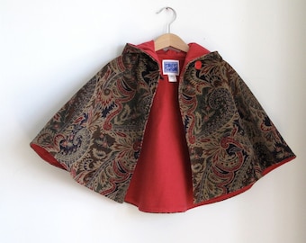 Girls Hooded Cloak Sz 8, Renaissance Costume Paisley Cape, Cloak with Hood, Car Seat Poncho, Boho Poncho Cape Coat