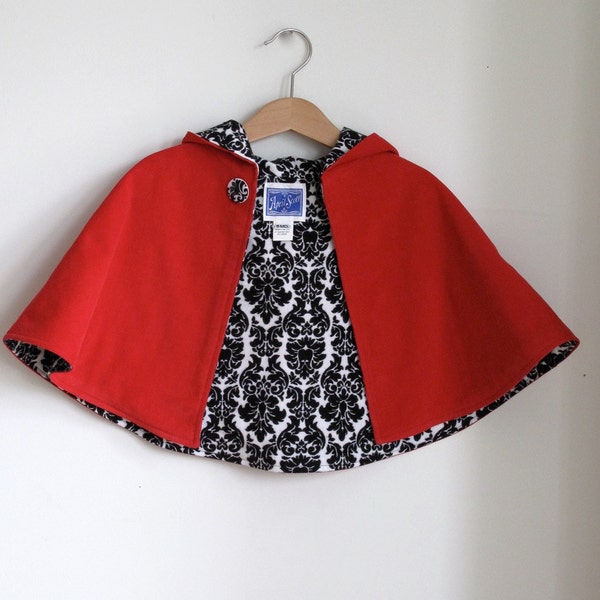 Little Red Riding Hood Cape Halloween Costume Toddler or Girls Cape with Damask Lining - Sizes newborn to 9/10 - cape, cloak, coat, jacket