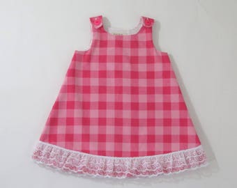 2T Girls Dress, Pink Plaid Cozy Gift for Her, Pinafore Toddler Girl Dress, Gingham Plaid Lace Ruffle  Dress