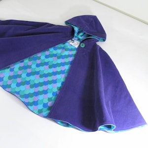9/10 Girls Purple Mermaid Cloak with Hood, Corduroy Hooded Girls Cape, Mermaid Fairy Tale Gifts for Girls, Car Seat Poncho, Winter Cape Coat