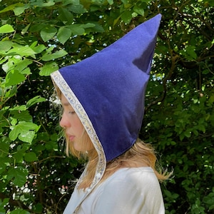May include: A dark blue medieval-style hood with a pointed top. The hood has a decorative trim with a gold and cream-colored pattern along the edges. The background features green foliage.