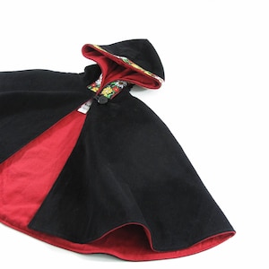 Girls Hooded Winter Cloak, Nordic Alpine Black Corduroy Poncho Cape Coat Floral Trim & Red Lining,  Christmas Outfit