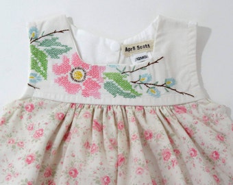 Girls Easter Dress 12M Embroidered Rose Pinafore Baby Dress Upcycled Cottagecore First Birthday Maxi Dress, Boho Baby, Tea Party Dress