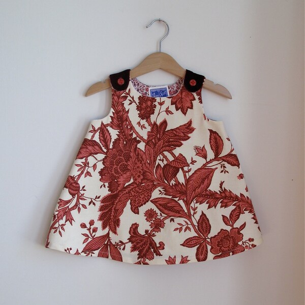 Toddler Girls Party Dress Maroon Coral Toile Flower  - size 12 - 18 Months - Girls Handmade Clothing - Toddler Girls Holiday Dress
