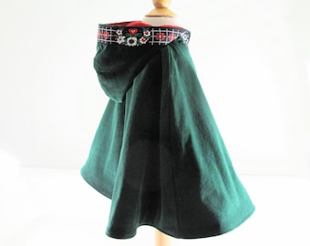Girls Cloak, Alpine Green Corduroy Hooded Christmas Cape, Pretend Play Gifts for Girls, Car Seat Poncho Coat Newborn - Kids Sz 12
