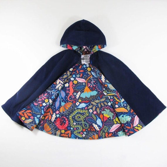 Kids Rainforest Navy Blue Cloak, Boys Girls Hooded Corduroy Cape Coat, Car Seat Poncho, Broken Arm Adaptive Clothing, Sz 1 - 12 Yrs