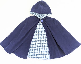 Toddler Boys Girls Navy Blue Corduroy Polka Dot Cloak, Kids Hooded Cape Car Seat Poncho Coat, Broken Arm Clothing, Sz Small 1-4 years
