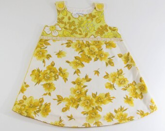 Toddler Girls Dress 3T, Yellow Upcycled Floral Pinafore Frock, Boho Dress, Gifts for Girls, Eclectic Hippie Jumper Dress, Handmade Clothing
